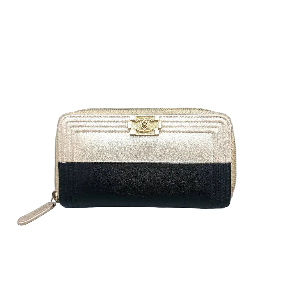 CHANEL Two-Tone Leather Compact Boy Zip Wallet