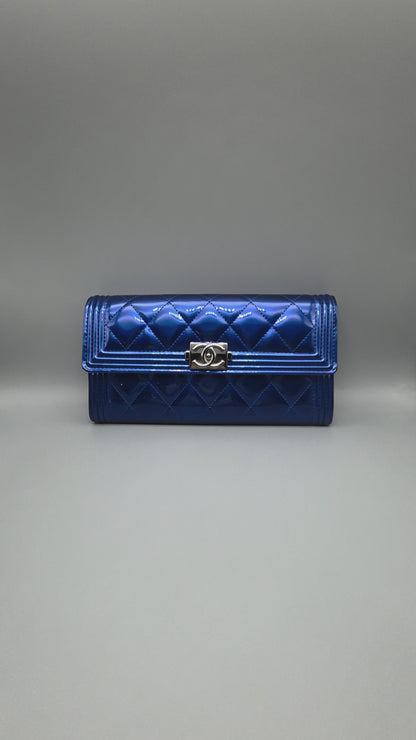 Patent Calfskin Quilted Boy Large Gusset Flap Wallet Blue