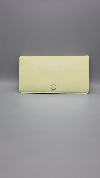 Grained Calfskin CC Button Yen Clutch Wallet in Pale Yellow