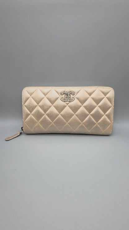 CHANEL Gold Quilted Leather Zip-Around Wallet