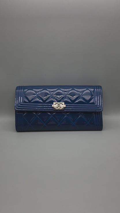 Patent Leather Boy Large Gusset Flap Wallet in Navy Blue