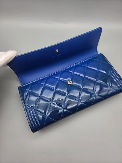 Patent Leather Boy Large Gusset Flap Wallet in Navy Blue
