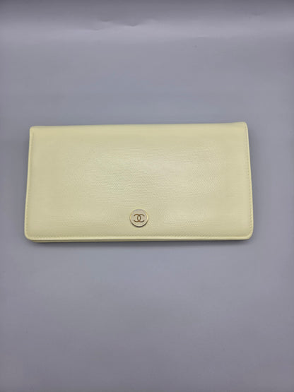 Grained Calfskin CC Button Yen Clutch Wallet in Pale Yellow