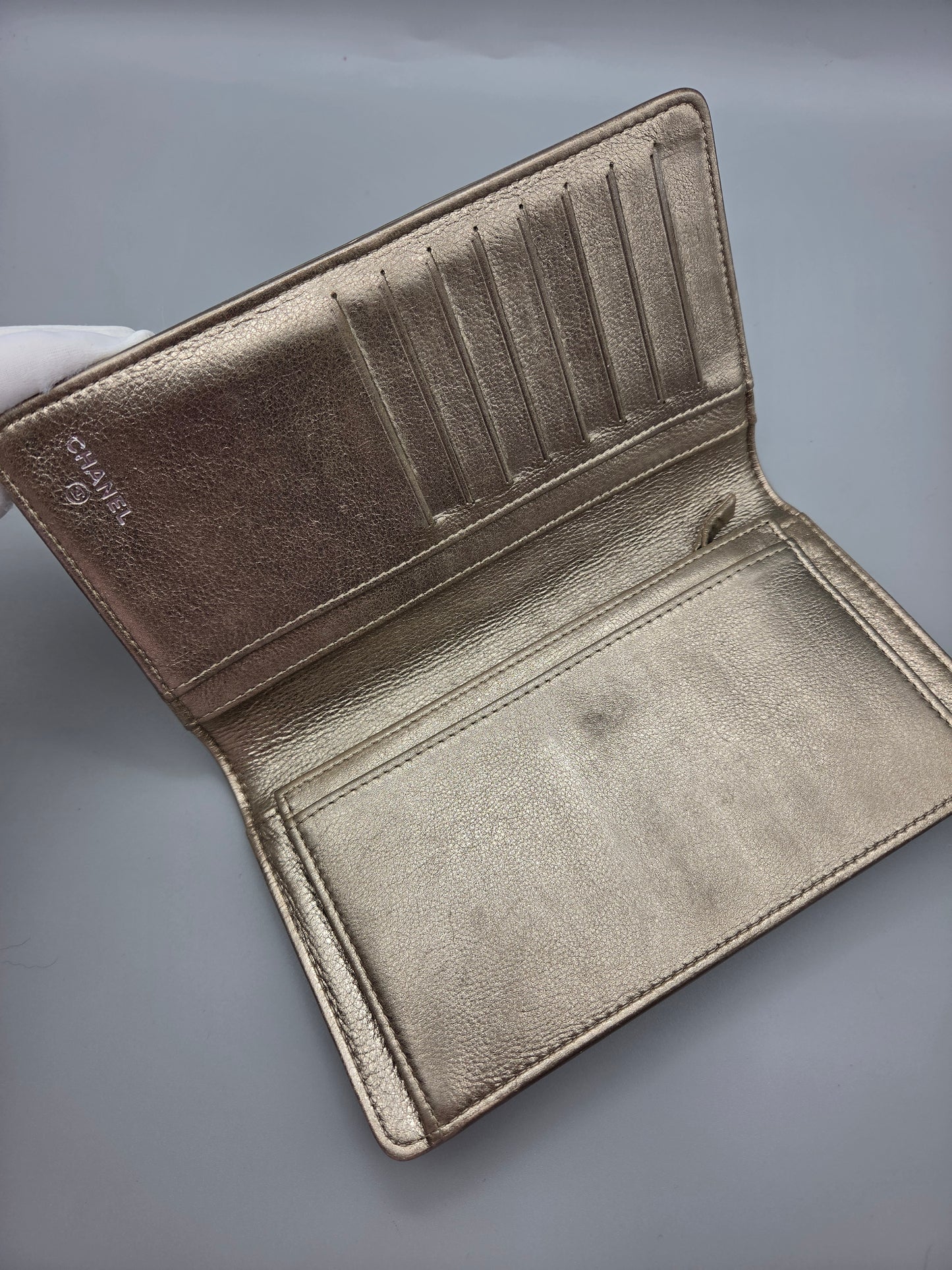 CHANEL Metallic Lambskin Quilted Boy Yen Wallet