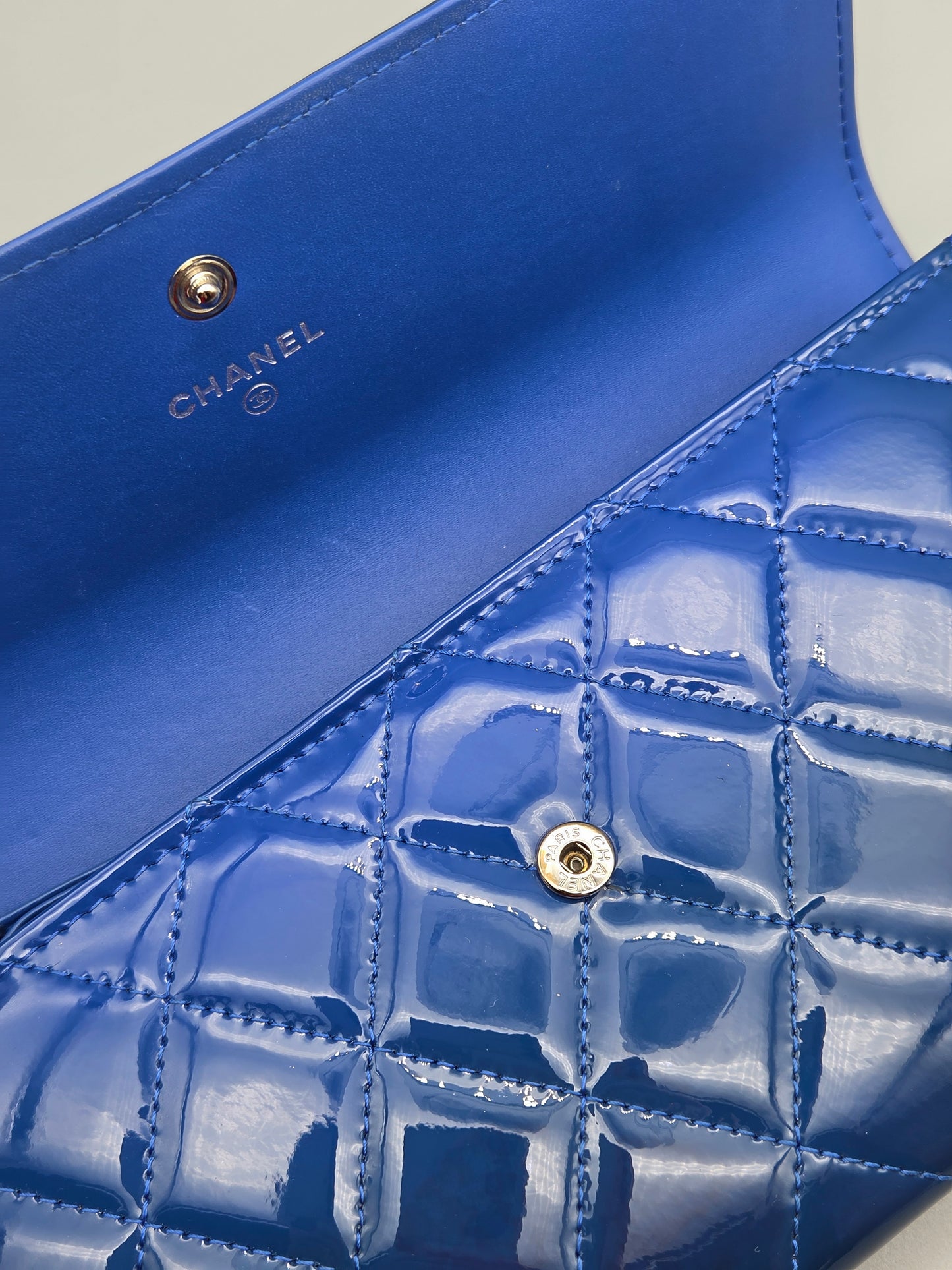 Patent Leather Boy Large Gusset Flap Wallet in Navy Blue