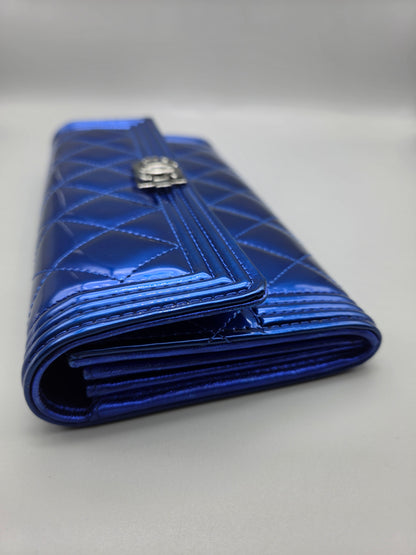 Patent Calfskin Quilted Boy Large Gusset Flap Wallet Blue