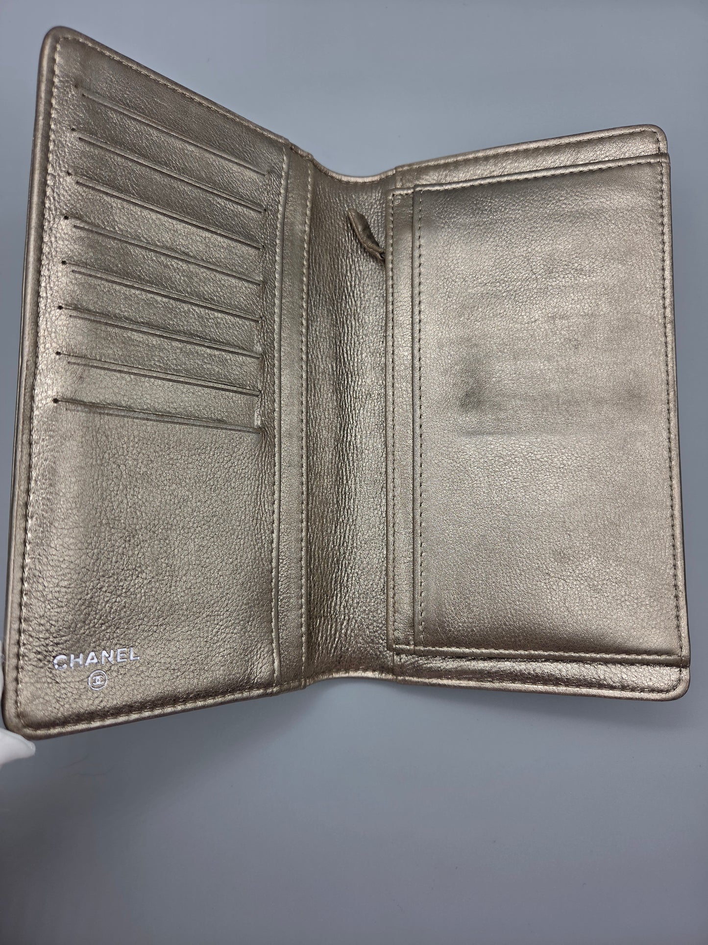 CHANEL Metallic Lambskin Quilted Boy Yen Wallet