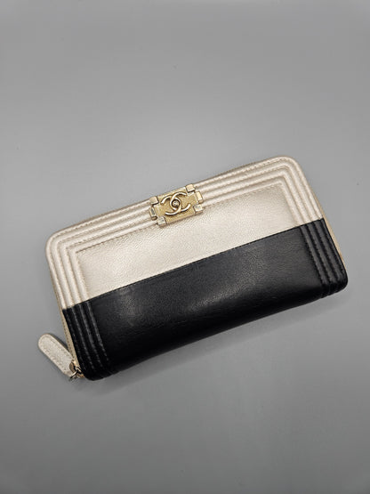 CHANEL Two-Tone Leather Compact Boy Zip Wallet