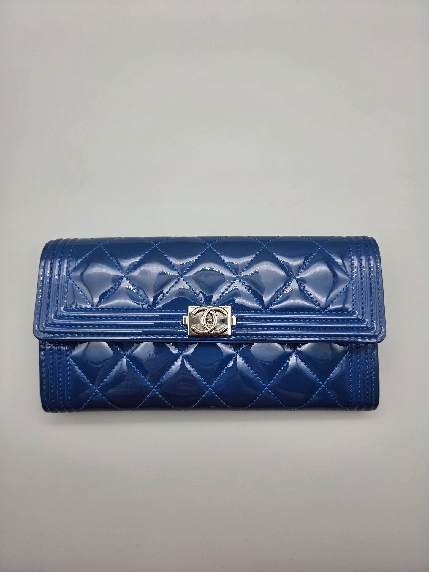 Patent Leather Boy Large Gusset Flap Wallet in Navy Blue
