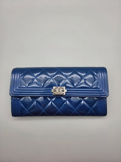 Patent Leather Boy Large Gusset Flap Wallet in Navy Blue