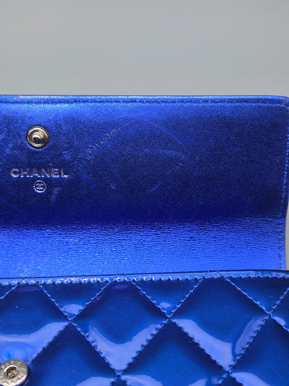 Patent Calfskin Quilted Boy Large Gusset Flap Wallet Blue