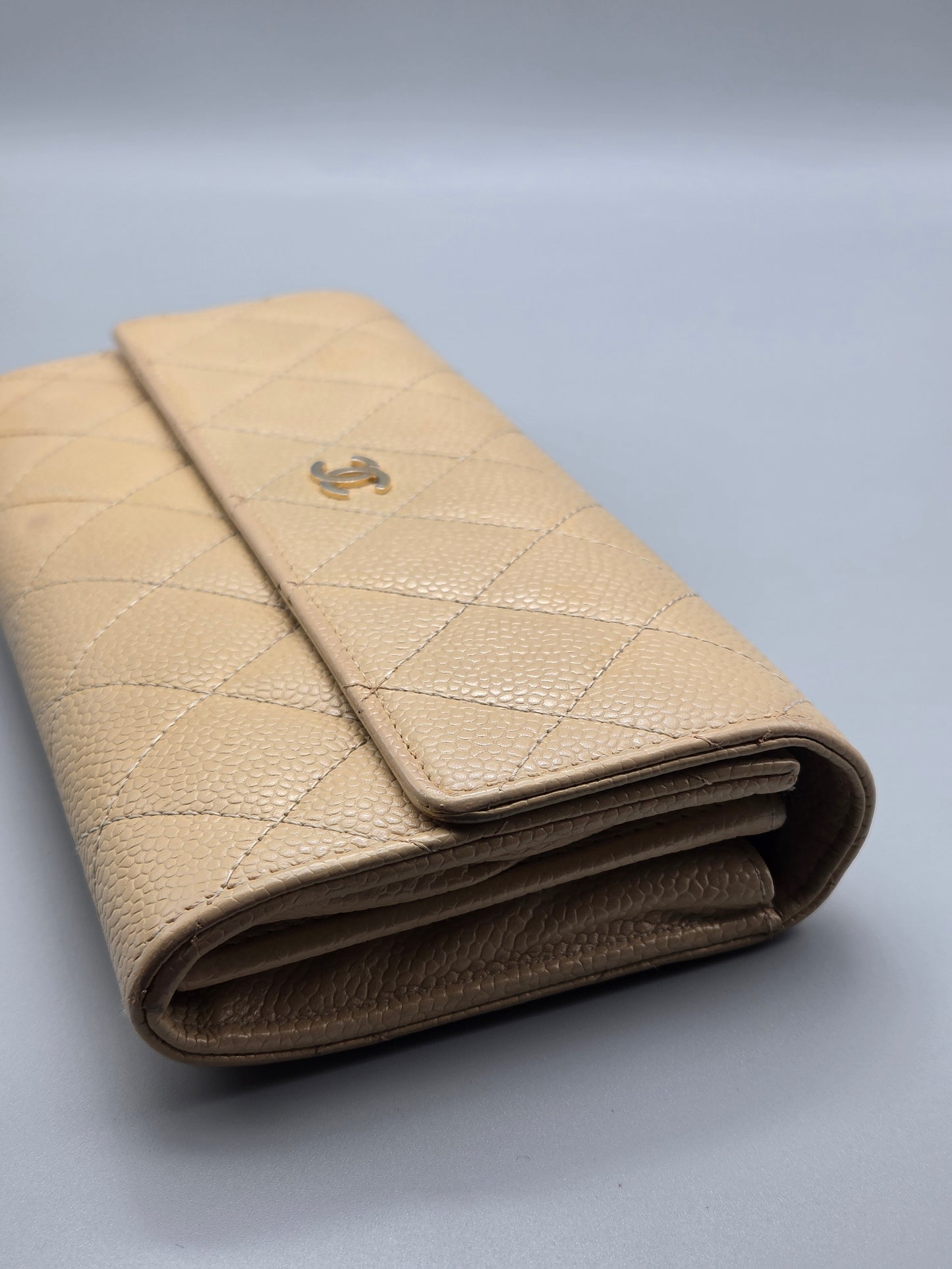 CHANEL Quilted Leather Beige Flap Clutch Wallet