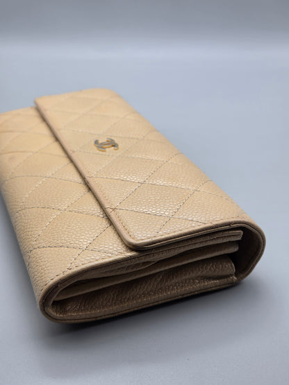 CHANEL Quilted Leather Beige Flap Clutch Wallet