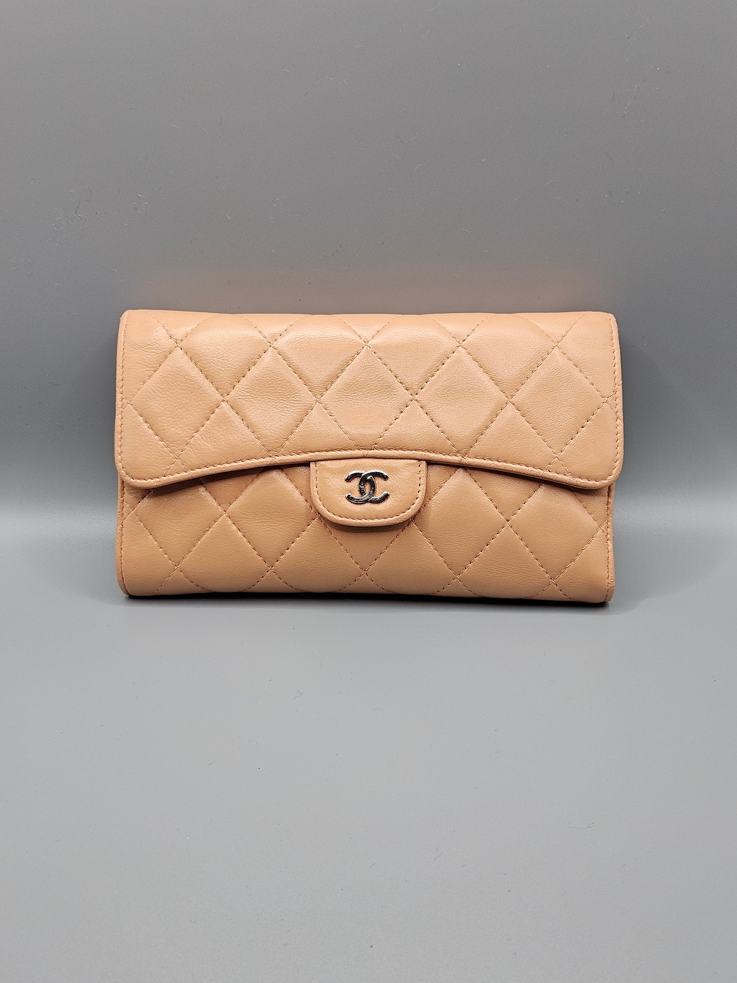 CHANEL Lambskin Quilted Large Flap Wallet in Beige