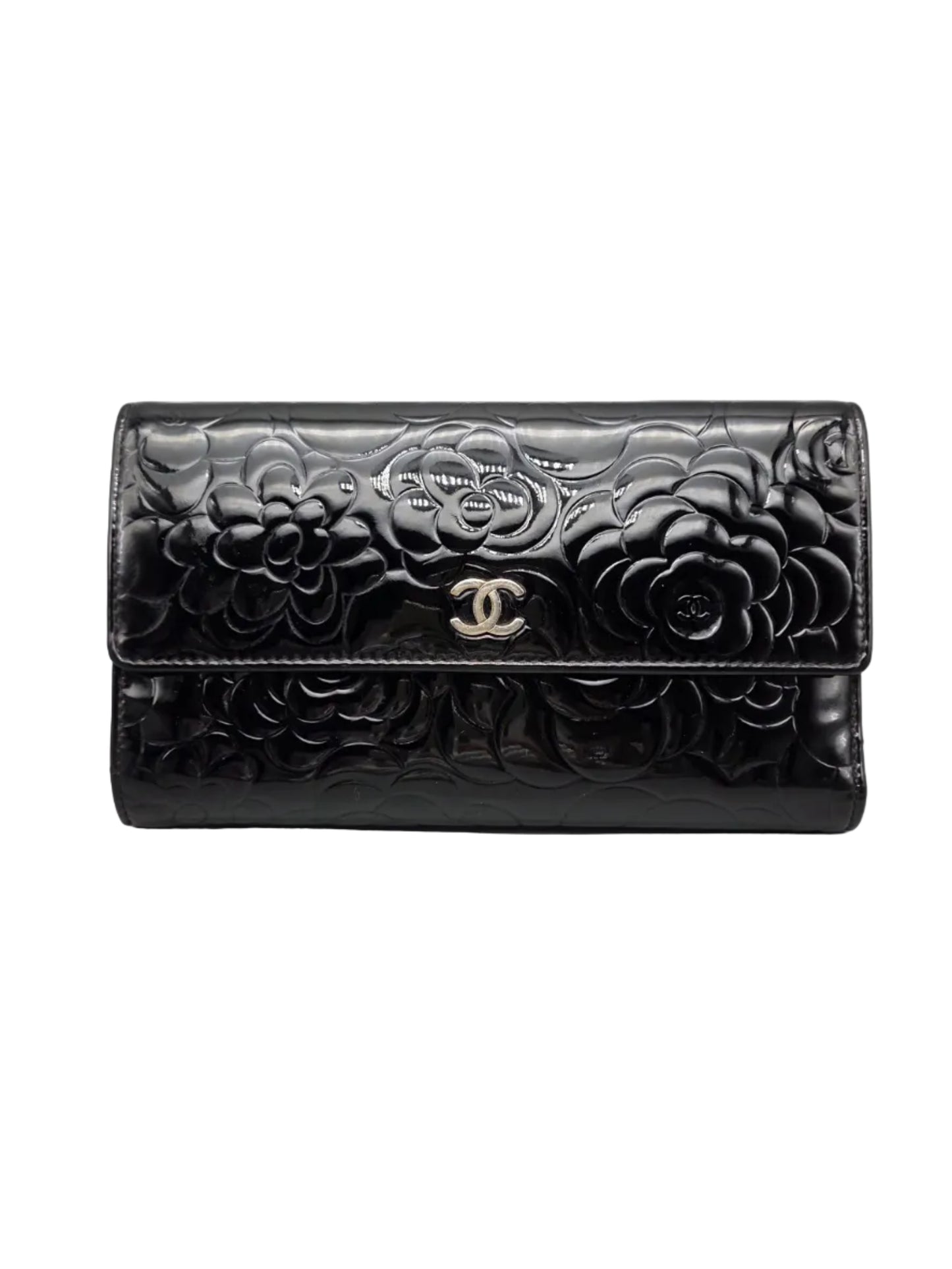 CHANEL Black Camellia Patent Leather Large Clutch Wallet