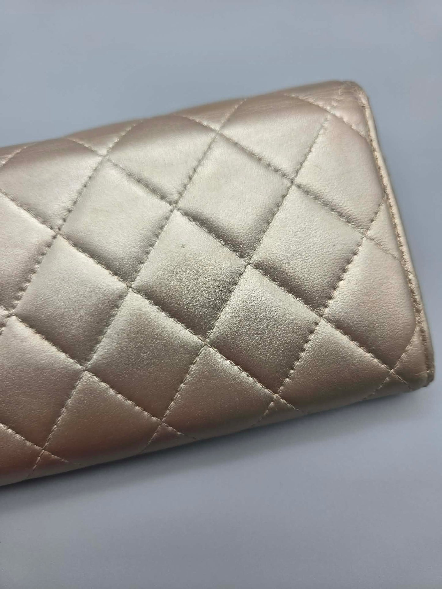 CHANEL Metallic Lambskin Quilted Large Gusset Flap Wallet