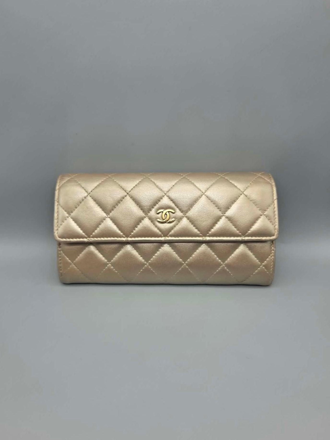 CHANEL Metallic Lambskin Quilted Large Gusset Flap Wallet