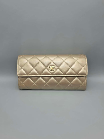 CHANEL Metallic Lambskin Quilted Large Gusset Flap Wallet