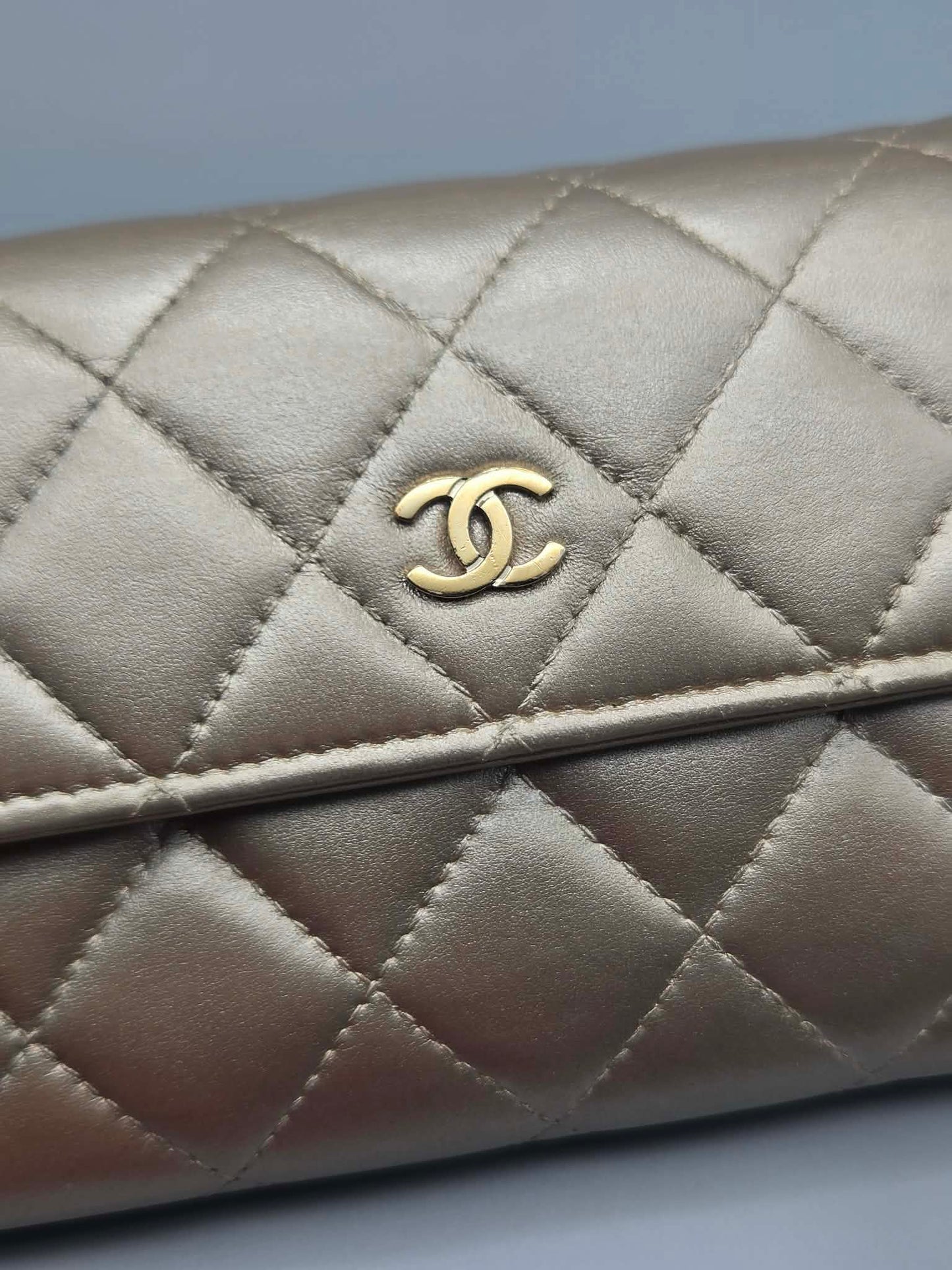 CHANEL Metallic Lambskin Quilted Large Gusset Flap Wallet