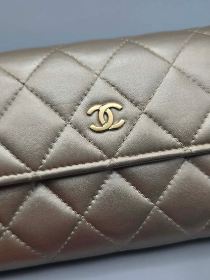 CHANEL Metallic Lambskin Quilted Large Gusset Flap Wallet