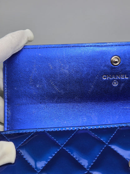 Patent Calfskin Quilted Boy Large Gusset Flap Wallet Blue