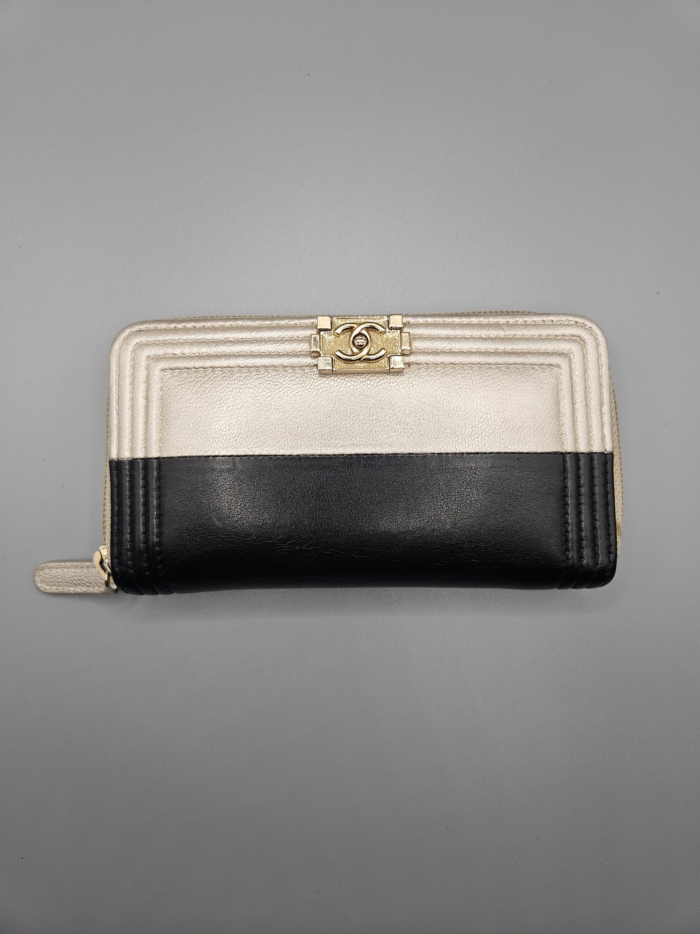CHANEL Two-Tone Leather Compact Boy Zip Wallet