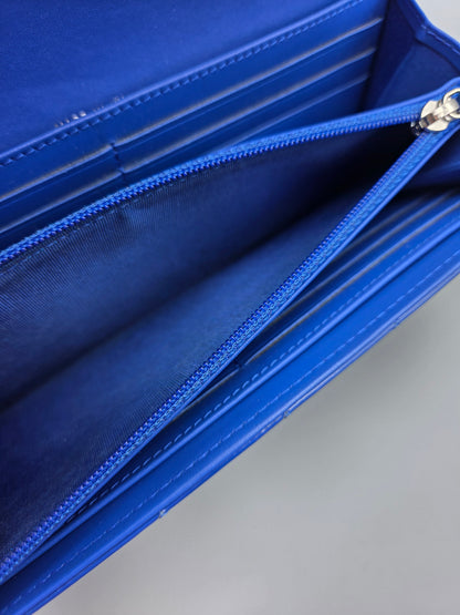 Patent Leather Boy Large Gusset Flap Wallet in Navy Blue