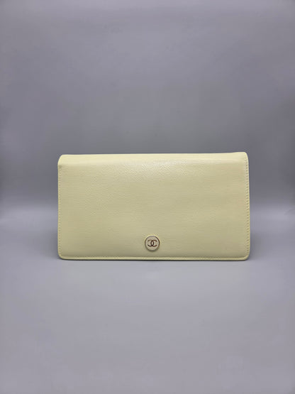 Grained Calfskin CC Button Yen Clutch Wallet in Pale Yellow