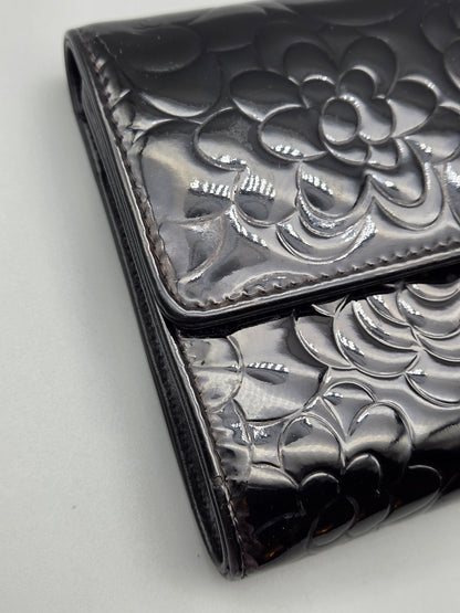 CHANEL Black Camellia Patent Leather Large Clutch Wallet