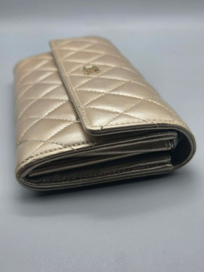 CHANEL Metallic Lambskin Quilted Large Gusset Flap Wallet