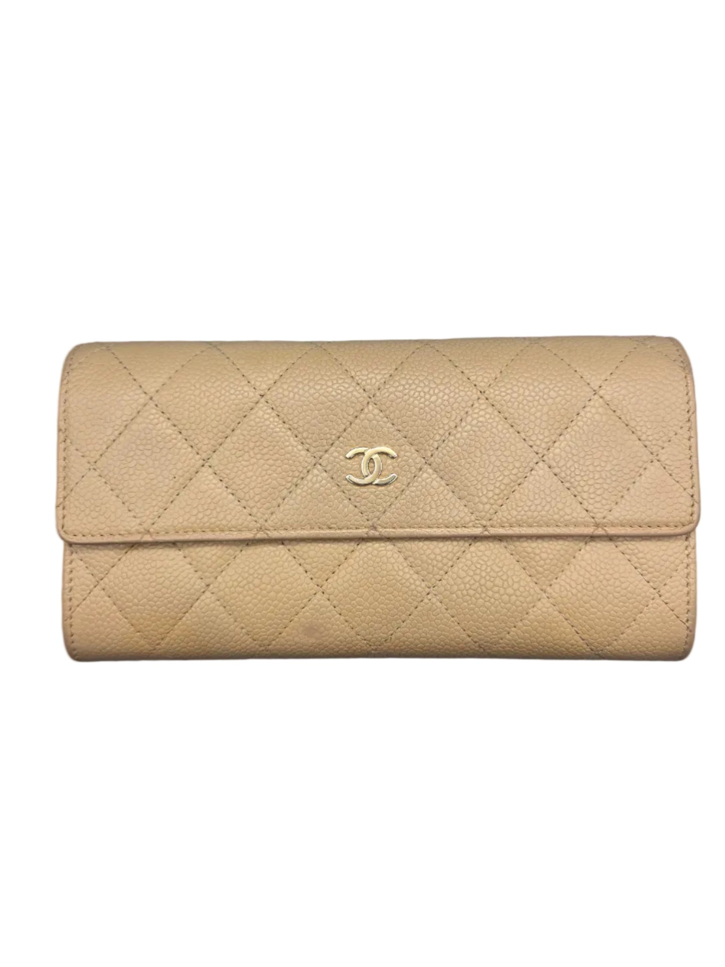 CHANEL Quilted Leather Beige Flap Clutch Wallet