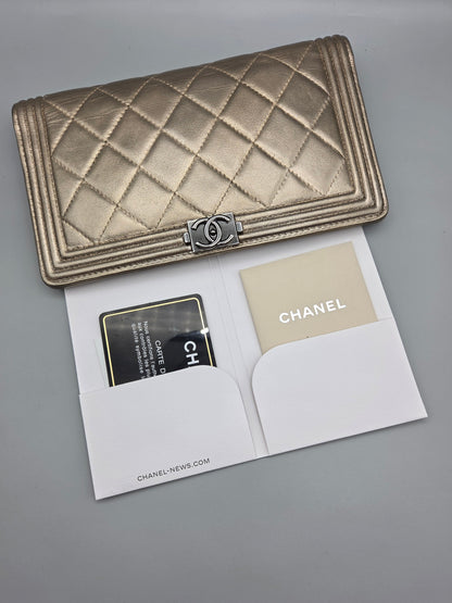 CHANEL Metallic Lambskin Quilted Boy Yen Wallet
