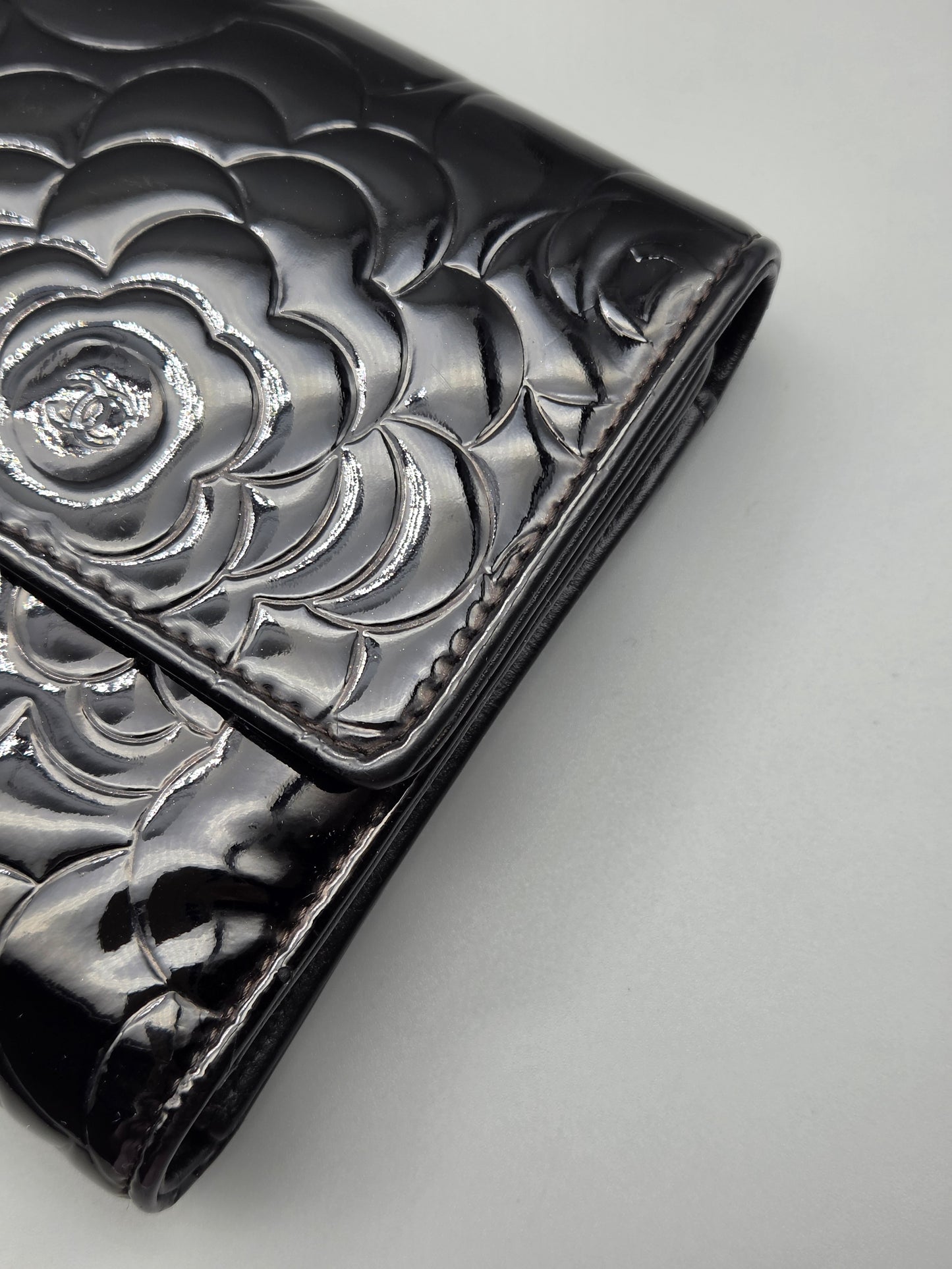 CHANEL Black Camellia Patent Leather Large Clutch Wallet