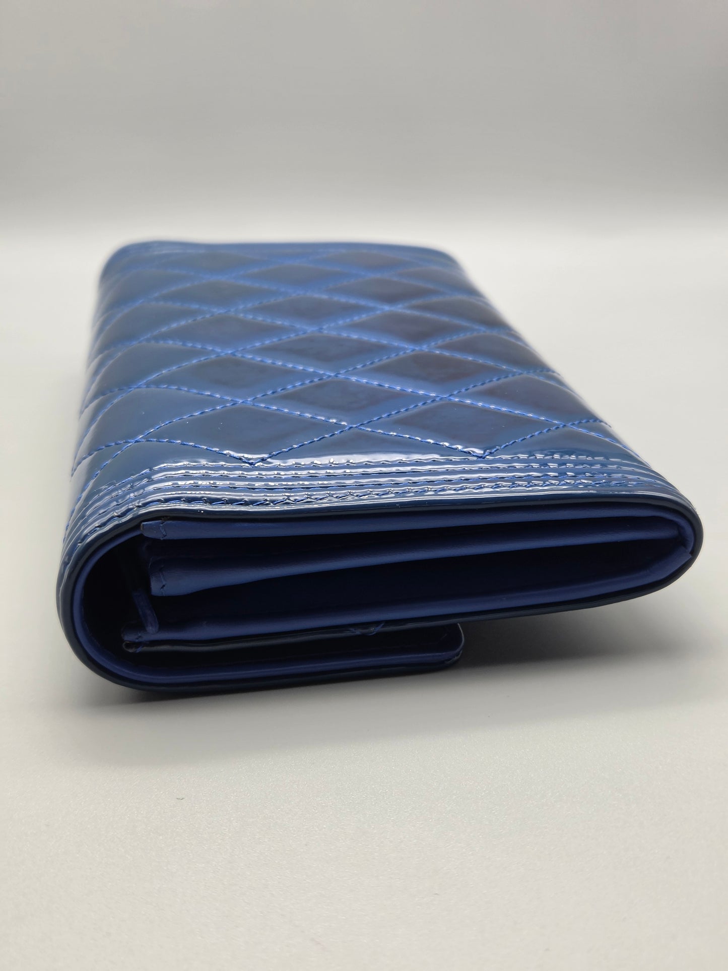 Patent Leather Boy Large Gusset Flap Wallet in Navy Blue