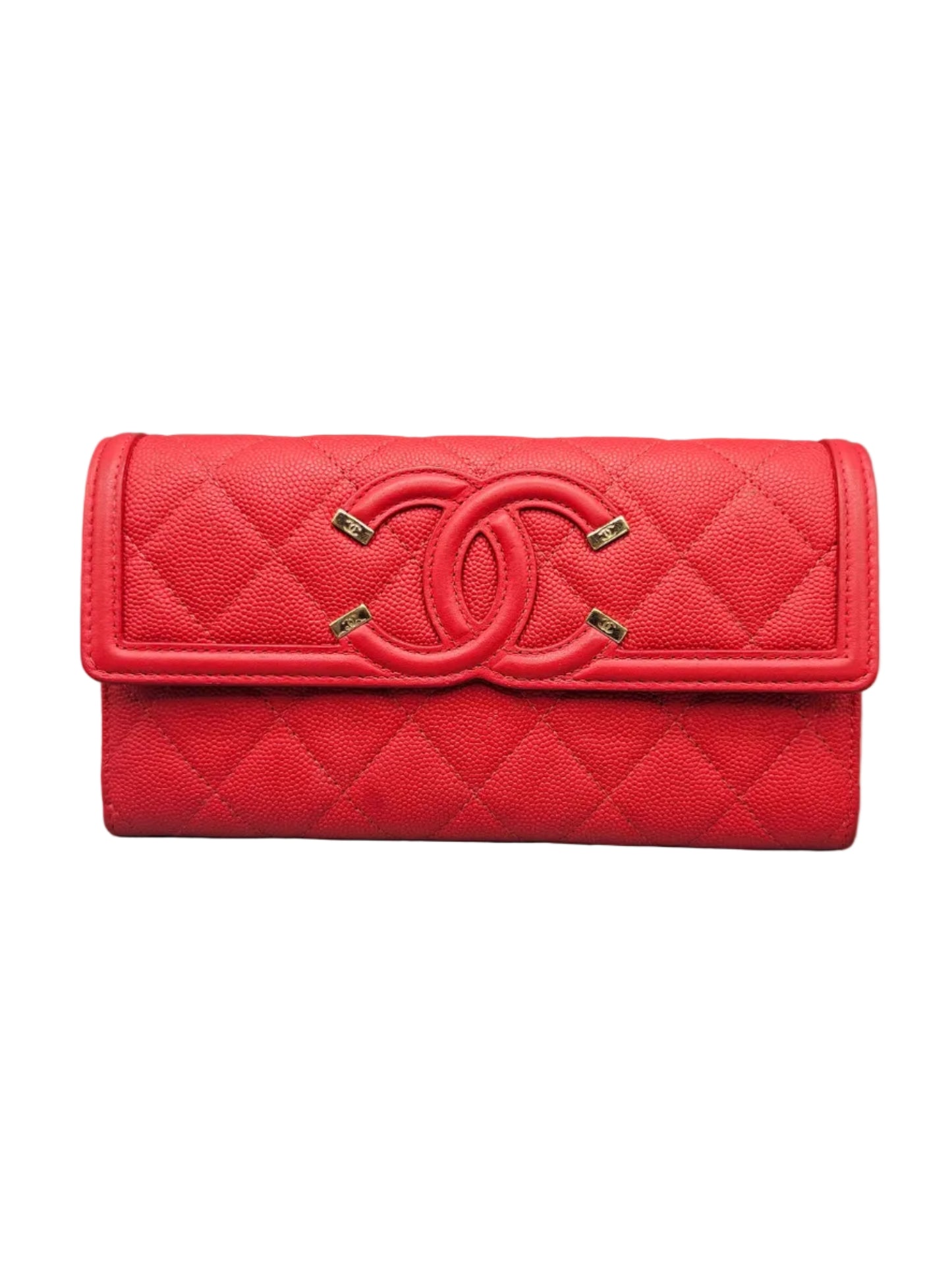 CHANEL Caviar Quilted Large Filigree Gusset Flap Wallet in Red