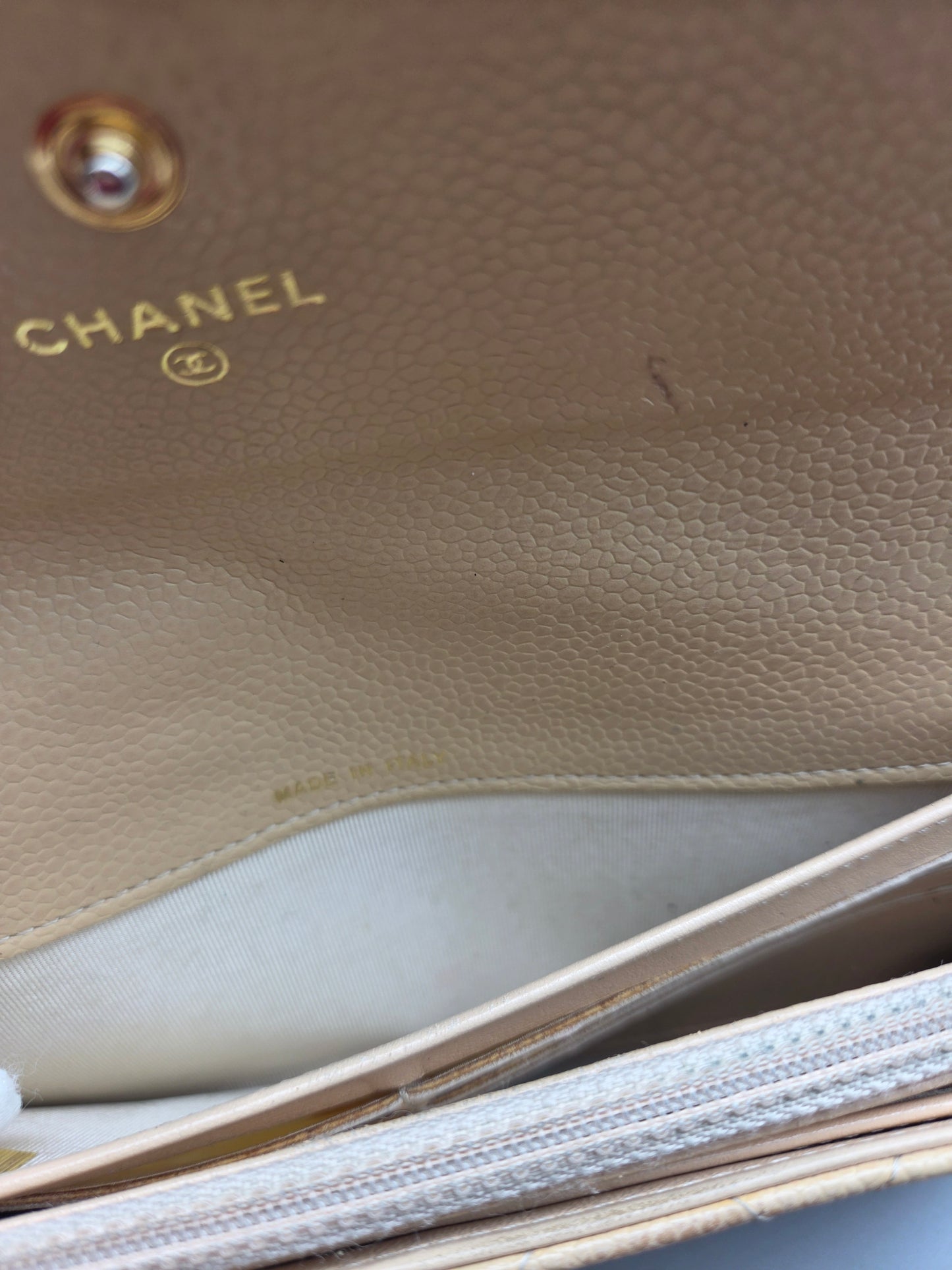 CHANEL Quilted Leather Beige Flap Clutch Wallet