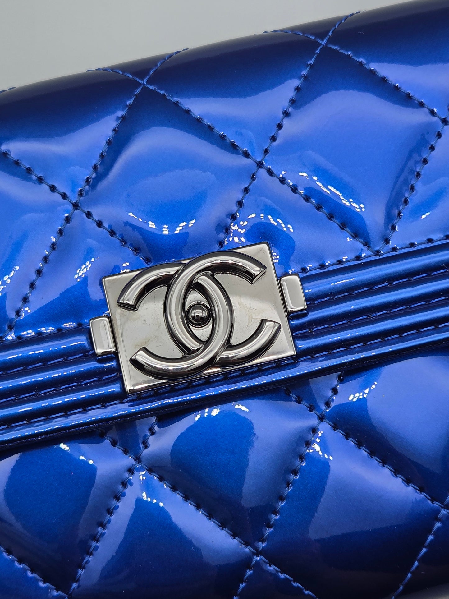 Patent Calfskin Quilted Boy Large Gusset Flap Wallet Blue