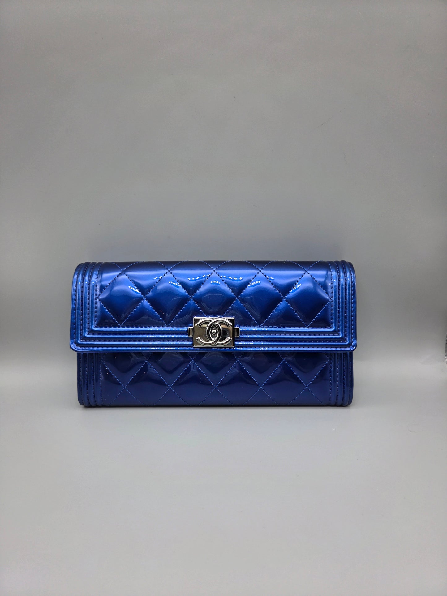 Patent Calfskin Quilted Boy Large Gusset Flap Wallet Blue
