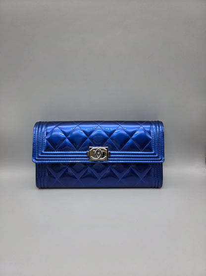 Patent Calfskin Quilted Boy Large Gusset Flap Wallet Blue