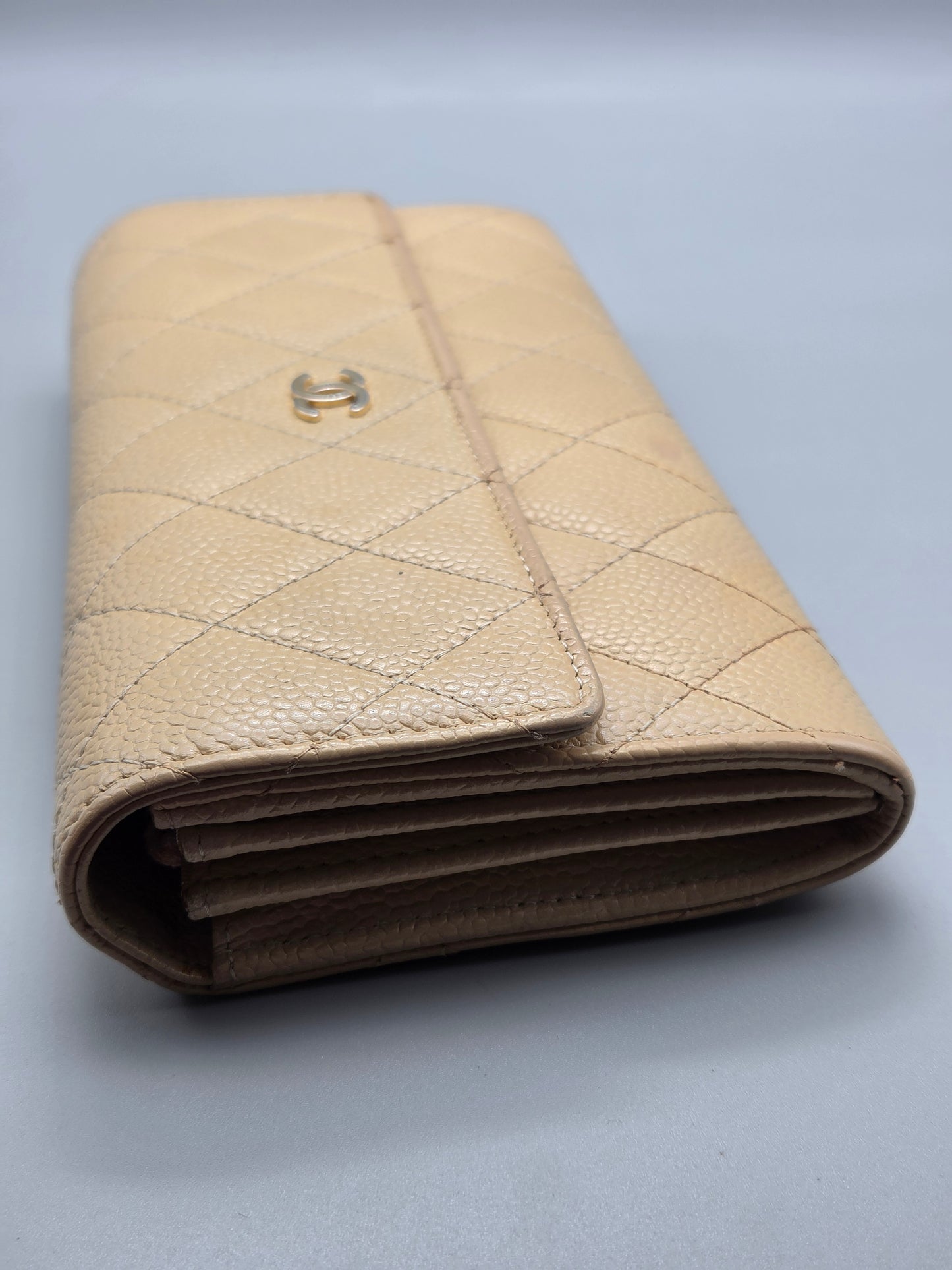 CHANEL Quilted Leather Beige Flap Clutch Wallet