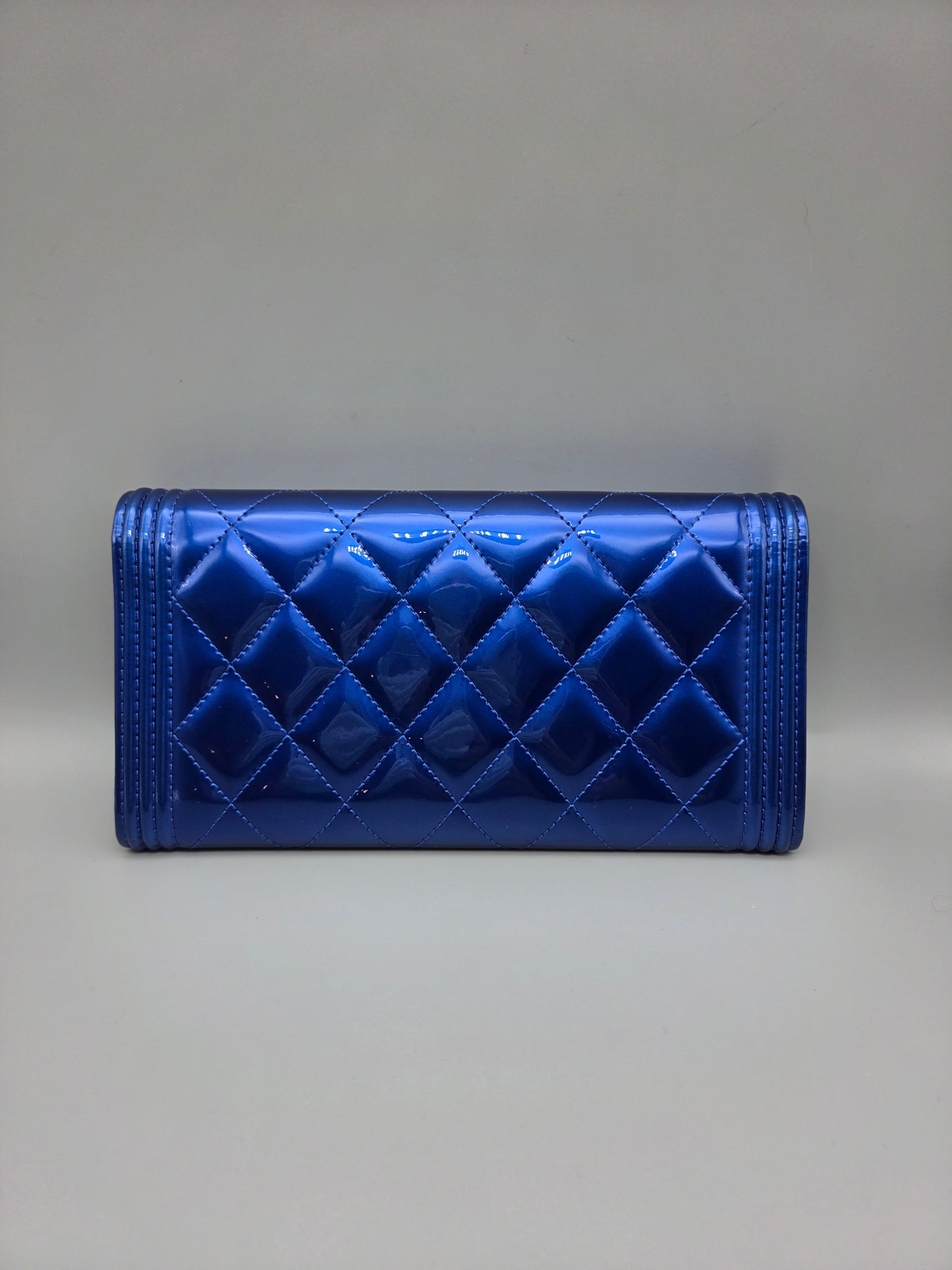 Patent Calfskin Quilted Boy Large Gusset Flap Wallet Blue