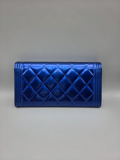 Patent Calfskin Quilted Boy Large Gusset Flap Wallet Blue