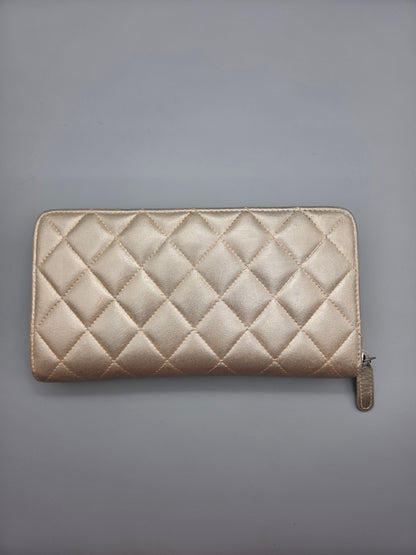 CHANEL Gold Quilted Leather Zip-Around Wallet