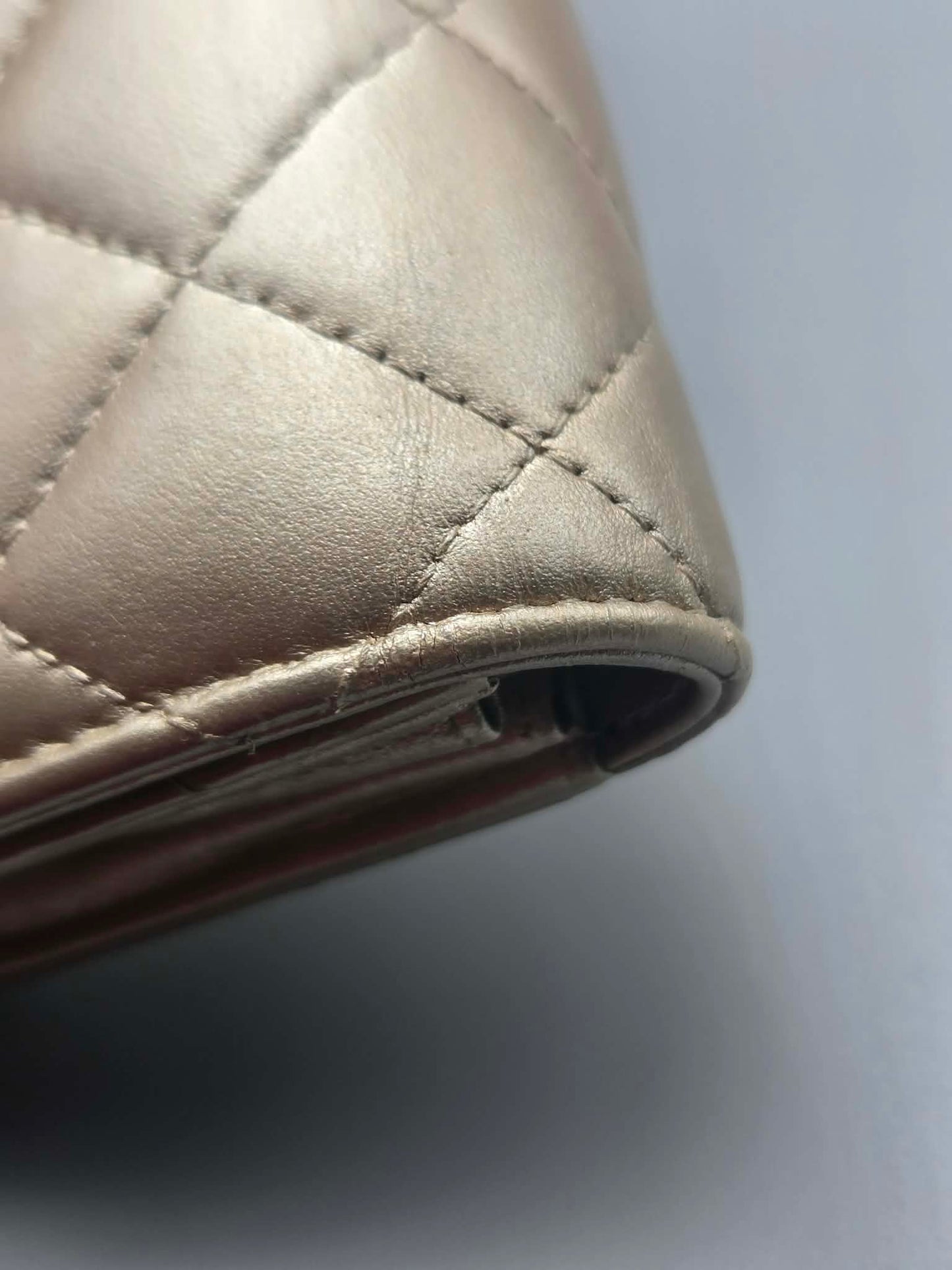 CHANEL Metallic Lambskin Quilted Large Gusset Flap Wallet