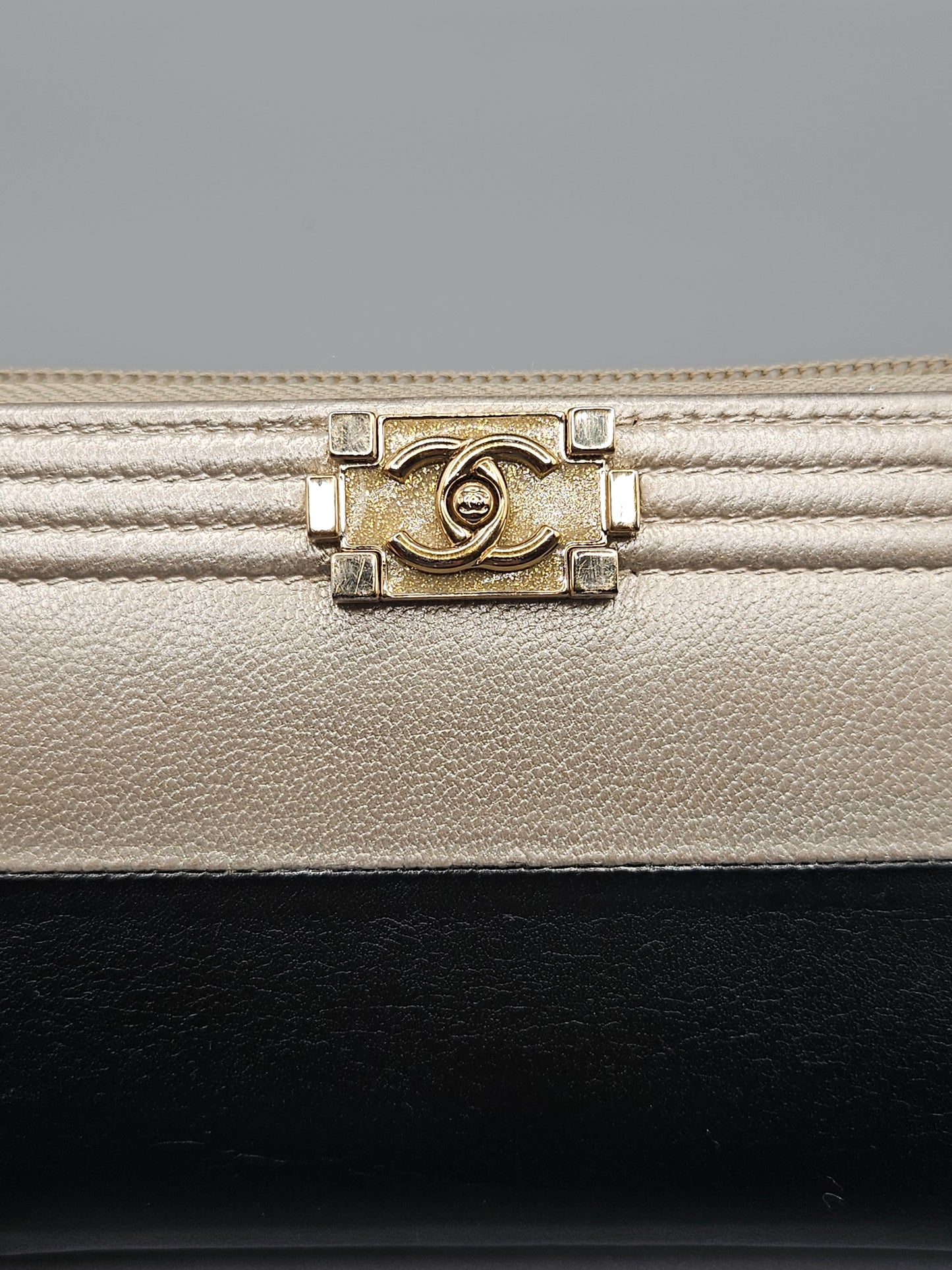 CHANEL Two-Tone Leather Compact Boy Zip Wallet