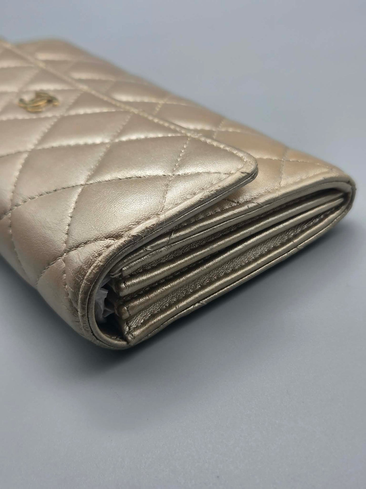 CHANEL Metallic Lambskin Quilted Large Gusset Flap Wallet