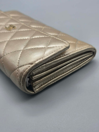 CHANEL Metallic Lambskin Quilted Large Gusset Flap Wallet