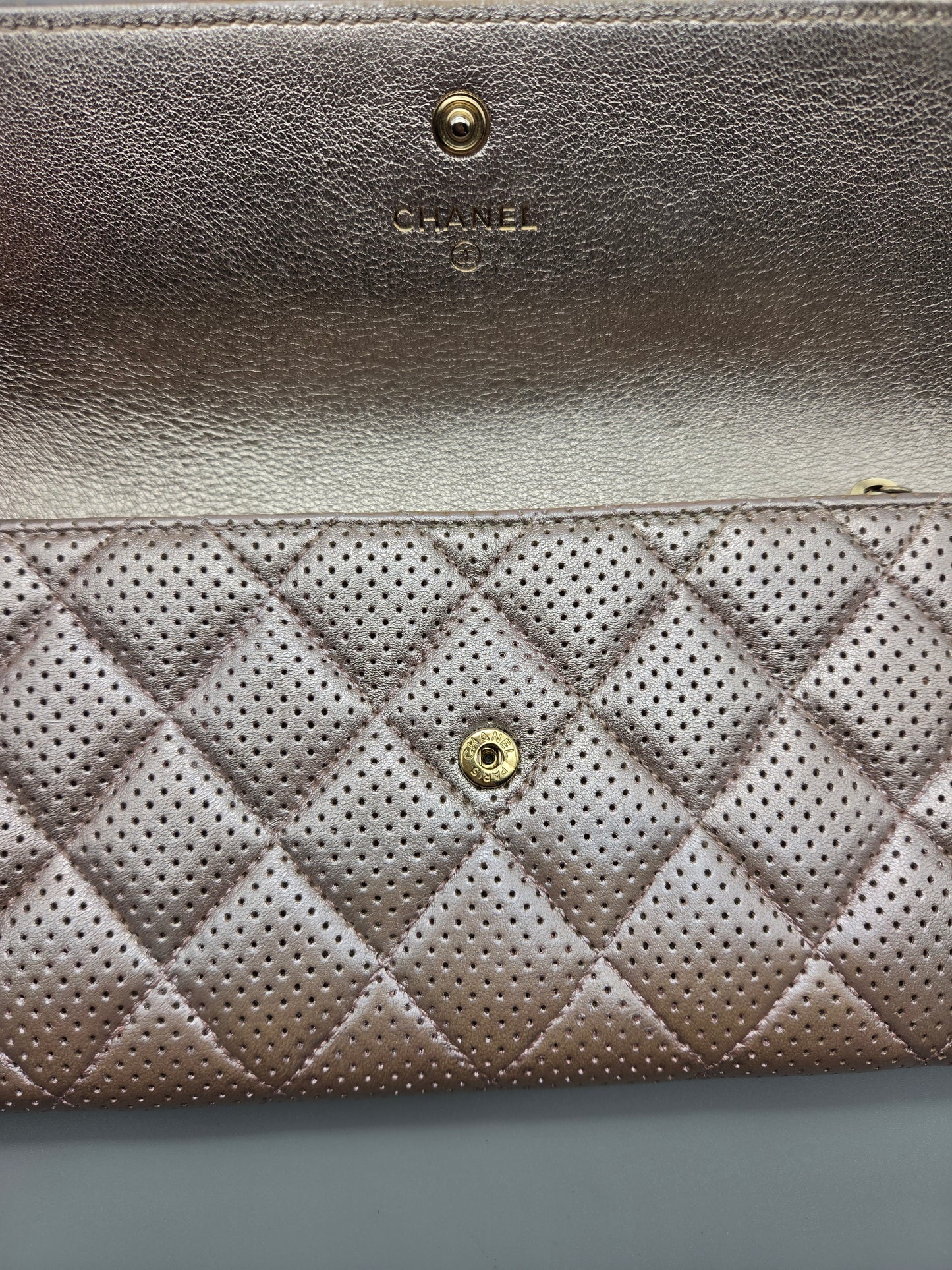 CHANEL Metallic Perforated Leather Clutch Wallet