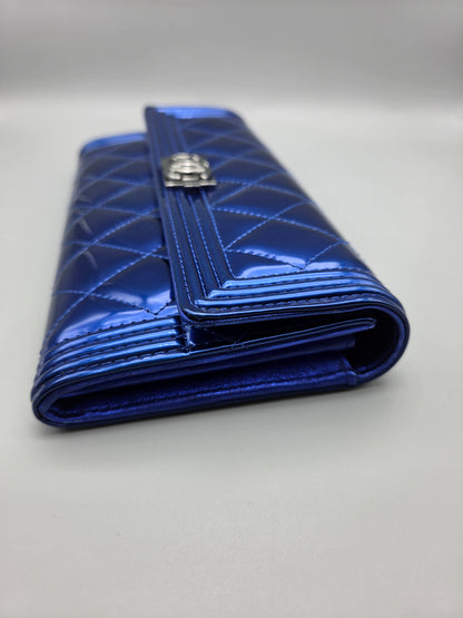 Patent Calfskin Quilted Boy Large Gusset Flap Wallet Blue