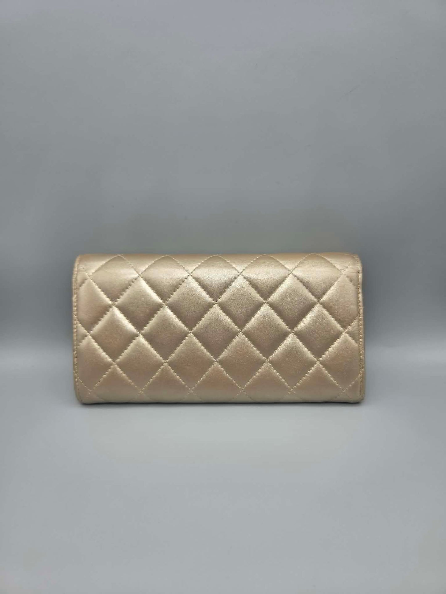 CHANEL Metallic Lambskin Quilted Large Gusset Flap Wallet